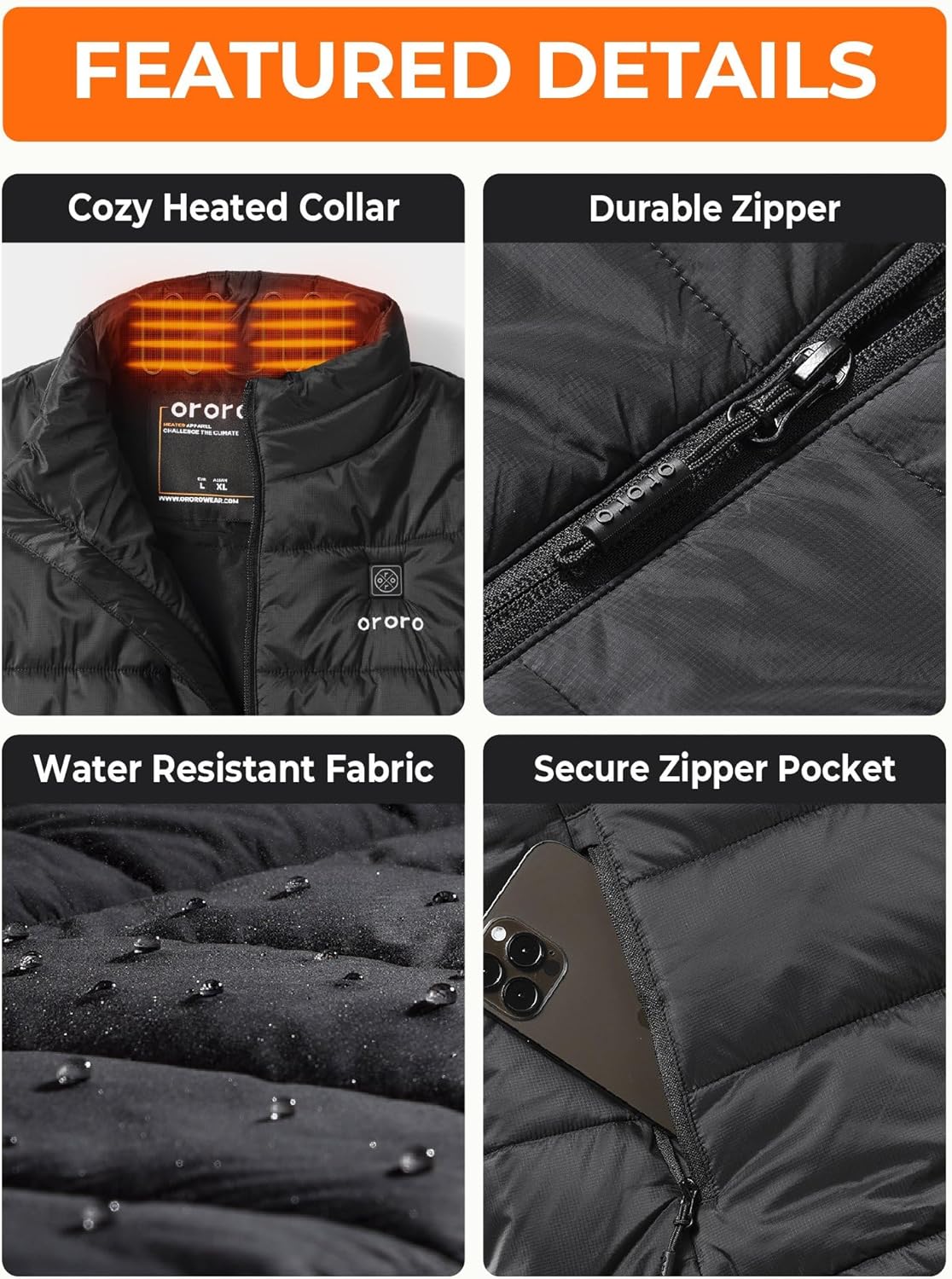 ORORO Men's Lightweight Heated Vest with USB-C Rechargeable Battery, Puffer Classic Heating Vest - Image 5
