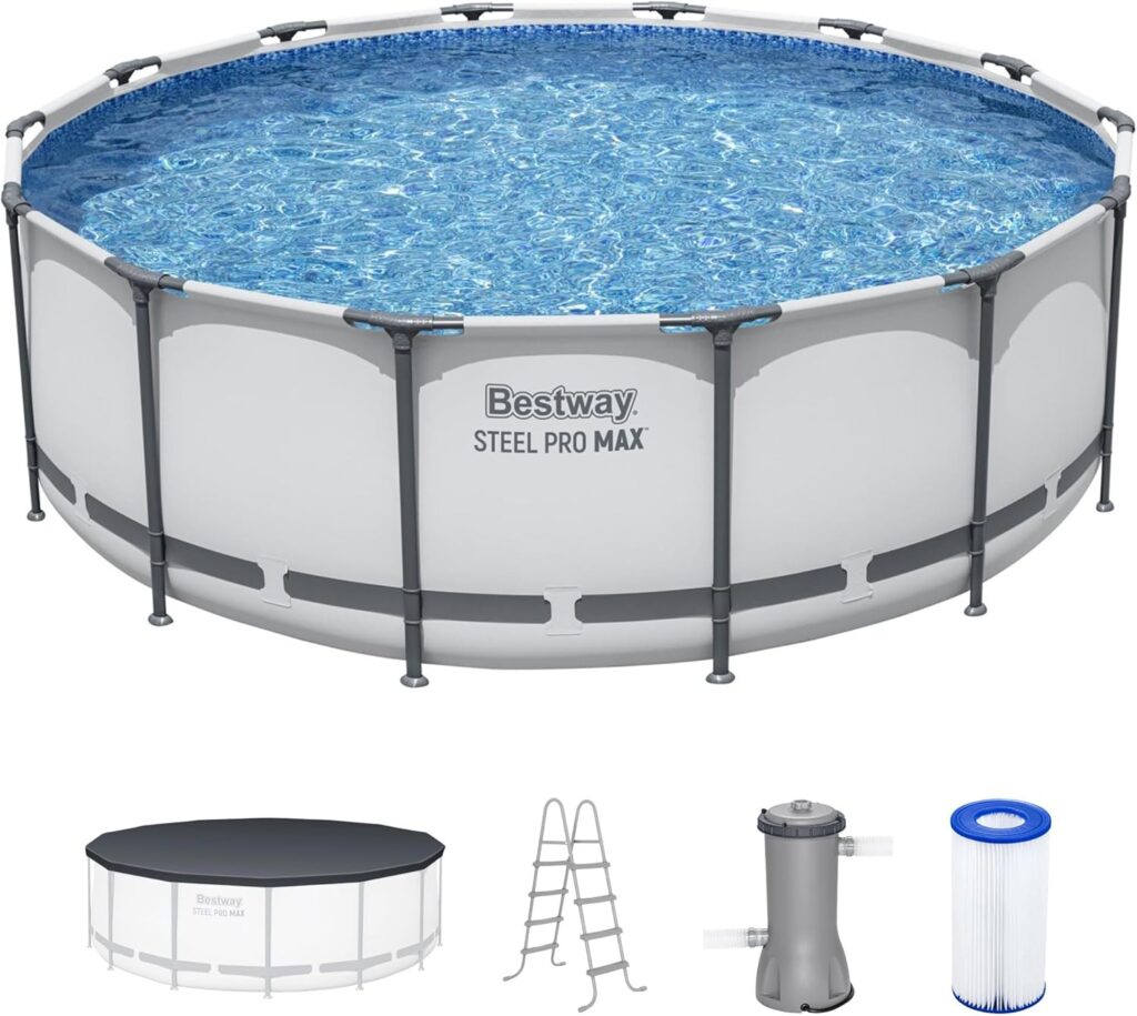 Bestway Steel Pro MAX 14' x 48" Above Ground Pool, Round Metal Frame Outdoor Swimming Pool Set with Filter Pump, Ladder, and Cover, Gray