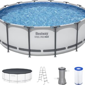 Bestway Steel Pro MAX 14′ x 48″ Above Ground Pool, Round Metal Frame Outdoor Swimming Pool Set with Filter Pump, Ladder, and Cover, Gray