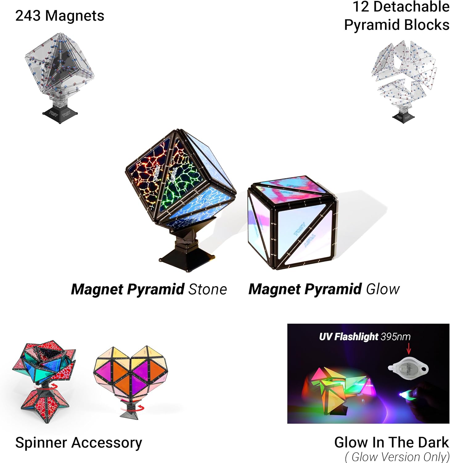 TOSY Magnet Pyramid Stone - 1 Cube Transforms into 1 Billion Shapes, 14 pcs (12 Puzzle pcs and 2 Spinners), 243 Magnets, Christmas Stocking Stuffers Gift for Kids, Creative Puzzle STEM Toy, 2-Pack - Image 5