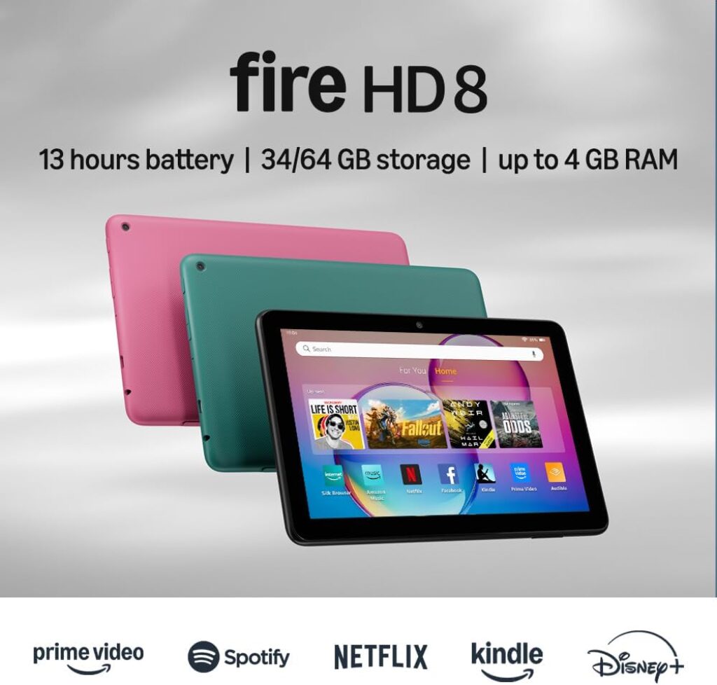 Amazon Fire HD 8 tablet (newest model), 8” HD Display, 3GB memory, 32GB, designed for portable entertainment, Emerald