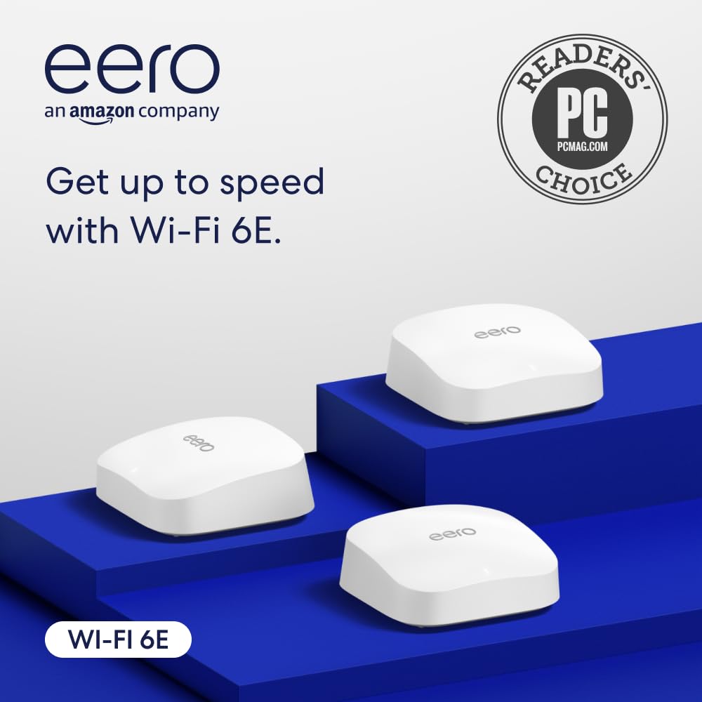 Amazon eero Pro 6E mesh wifi system - Supports internet plans up to 2.5 Gbps, Coverage up to 6,000 sq. ft., Connect 100+ devices, 3-pack