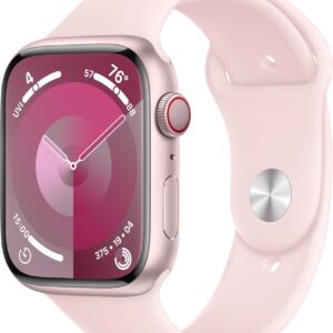 Apple Watch Series 9 [GPS + Cellular 45mm] Smartwatch with Pink Aluminum Case with Pink Sport Band S/M. Fitness Tracker, Blood Oxygen & ECG Apps, Always-On Retina Display