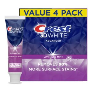Crest 3D White Advanced Luminous Mint Teeth Whitening Toothpaste, Crest Toothpaste, 3.7 oz Pack of 4 – Helps Remove Surface Stains, Whitens Teeth, Strengthens Tooth Enamel, Protects Against Cavities