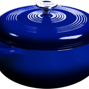 Lodge 7.5 Quart Enameled Cast Iron Dutch Oven with Lid – Dual Handles – Oven Safe up to 500° F or on Stovetop – Use to Marinate, Cook, Bake, Refrigerate and Serve – Indigo
