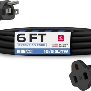 Iron Forge Cable 6 Ft Black Extension Cord, 16/3, 6 Foot Extension Cord, 3 Prong, Weatherproof – Great for Outside Use
