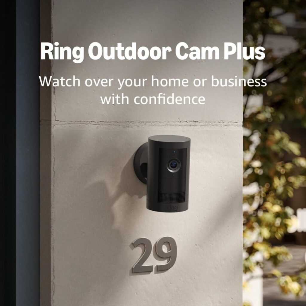 Ring Outdoor Cam Plus, Battery (newest model), Home or business security, Wide-Angle 2K Video with Ring Vision, Low-Light Sight for full-color night vision, Mount-Anywhere Versatility, Black
