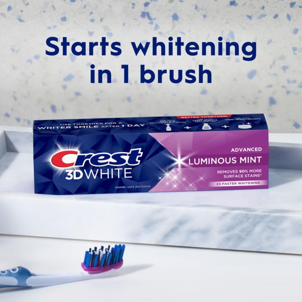 Crest 3D White Advanced Luminous Mint Teeth Whitening Toothpaste, Crest Toothpaste, 3.7 oz Pack of 4 - Helps Remove Surface Stains, Whitens Teeth, Strengthens Tooth Enamel, Protects Against Cavities - Image 6