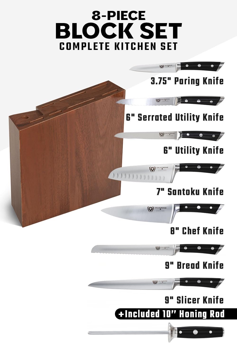 Dalstrong Knife Set Block - 8 Piece - Gladiator Series - German High Carbon Steel Kitchen Knife - Premium Food-Grade Black ABS Polymer Handles - NSF Certified - Image 3