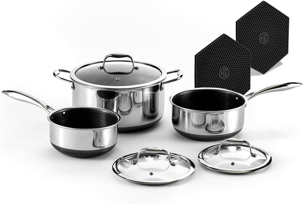 HexClad Hybrid Nonstick 6-Piece Pot Set with 2 Silicone Trivets, 2, 3, and 8-Quart Pots with Tempered Glass Lids, Stay-Cool Handles, Dishwasher-Friendly, Induction Ready, Compatible with All Cooktops