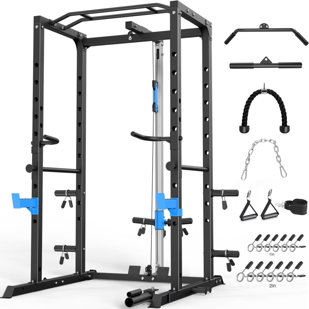 Power Cage, Multi-Functional Power Rack with J-Hooks, Dip Handles, Landmine Attachment and Optional Cable Pulley System for Home Gym