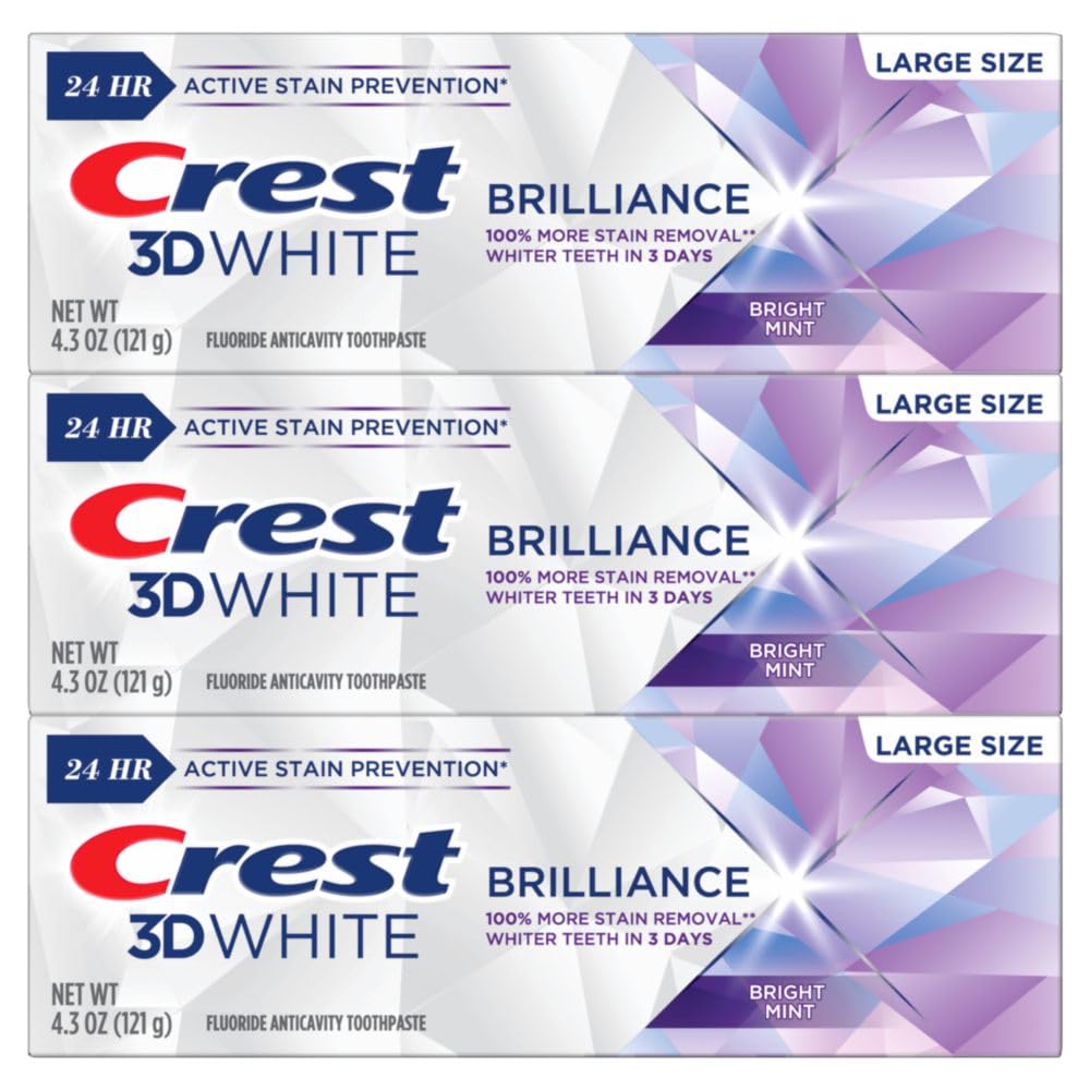 Crest 3D White Brilliance Bright Mint Teeth Whitening Toothpaste, 4.3 oz Pack of 3, 100% More Surface Stain Removal, 24 Hour Active Stain Prevention, Whiter Teeth in 3 Days - Image 7