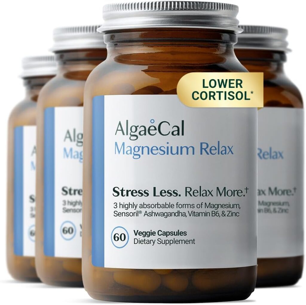 AlgaeCal Magnesium Relax™ - Chelated Magnesium with Ashwagandha for Sleep & Stress - Glycinate, Malate, Citrate - Sleep, Mood, & Cortisol Support (4 Months Supply)