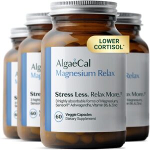 AlgaeCal Magnesium Relax™ – Chelated Magnesium with Ashwagandha for Sleep & Stress – Glycinate, Malate, Citrate – Sleep, Mood, & Cortisol Support (4 Months Supply)