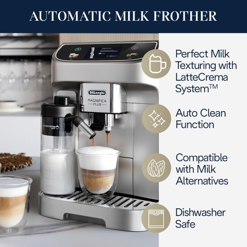 De'Longhi Magnifica Plus Fully Automatic Espresso Machine - Brew 18+ One Touch Coffee Recipes for up to 4 User Profiles, Automatic Milk Steam Wand & Built-in Grinder, Touchscreen Display - Image 2
