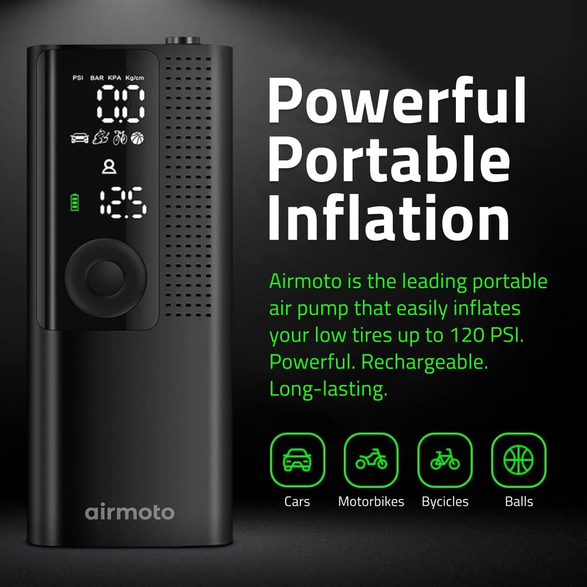 Airmoto Tire Inflator Portable Air Compressor - Air Pump For Car Tires with Digital Pressure Gauge, LED Light and Auto Shut-Off Function - Cordless Pump for Car, Motorcycle, Bicycle, Ball - Image 2
