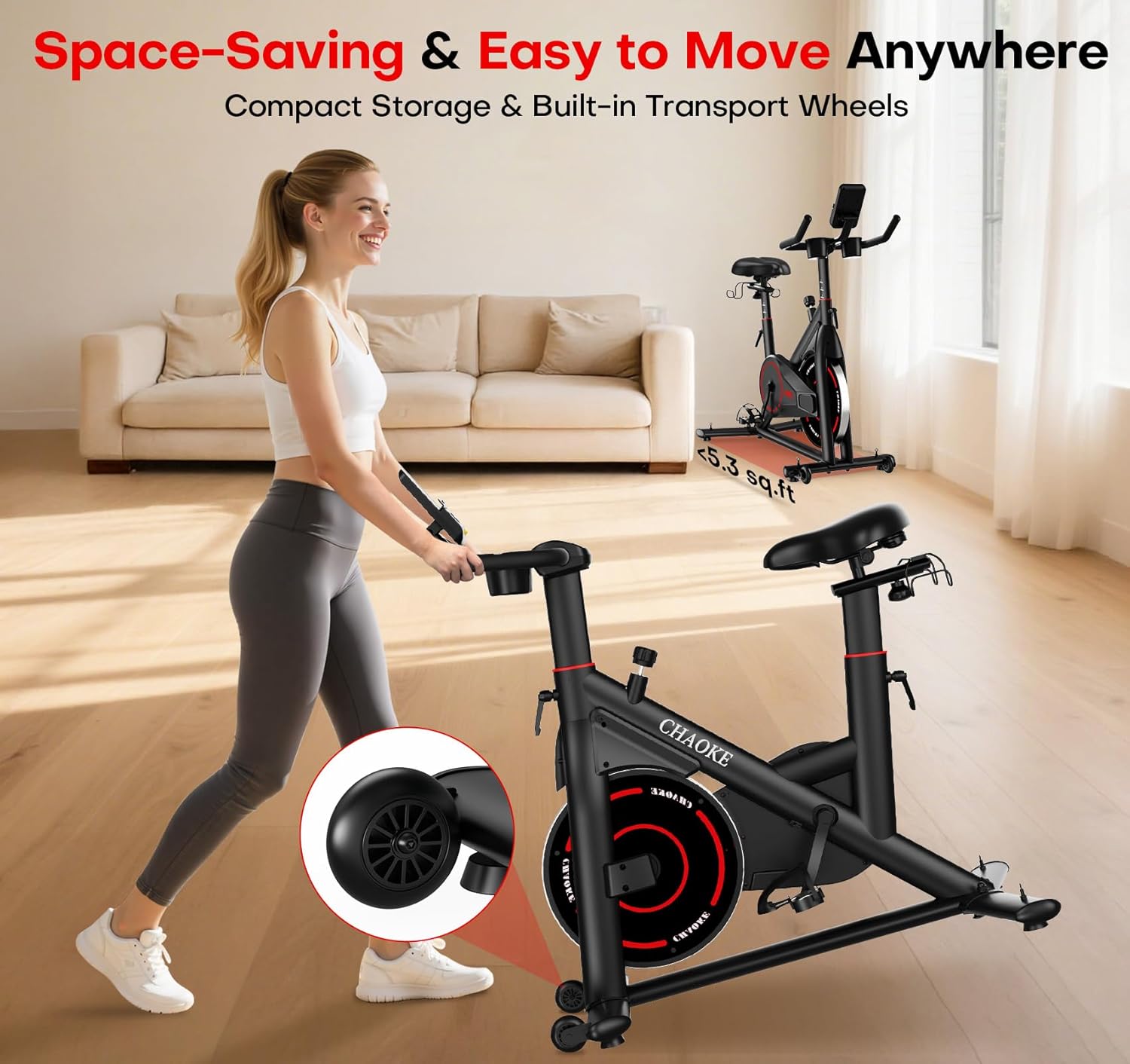 CHAOKE Exercise Bike, Quiet Adjustable Magnetic Stationary Bike for Home Cardio with App Compatible, 350LB Weight Capacity Indoor Cycling Bike with Large Seat, Dumbbell Rack, Pull Cords & LCD Display - Image 9