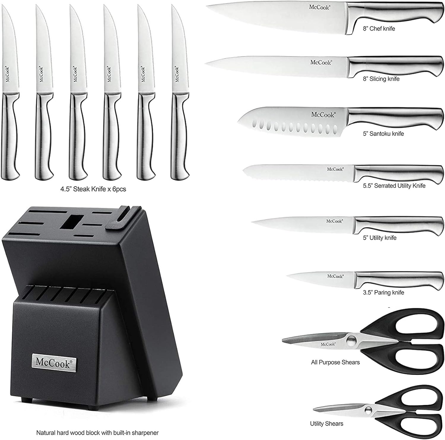 McCook® Knife Sets, German Stainless Steel Knife Block Sets with Built-in Sharpener - Image 2