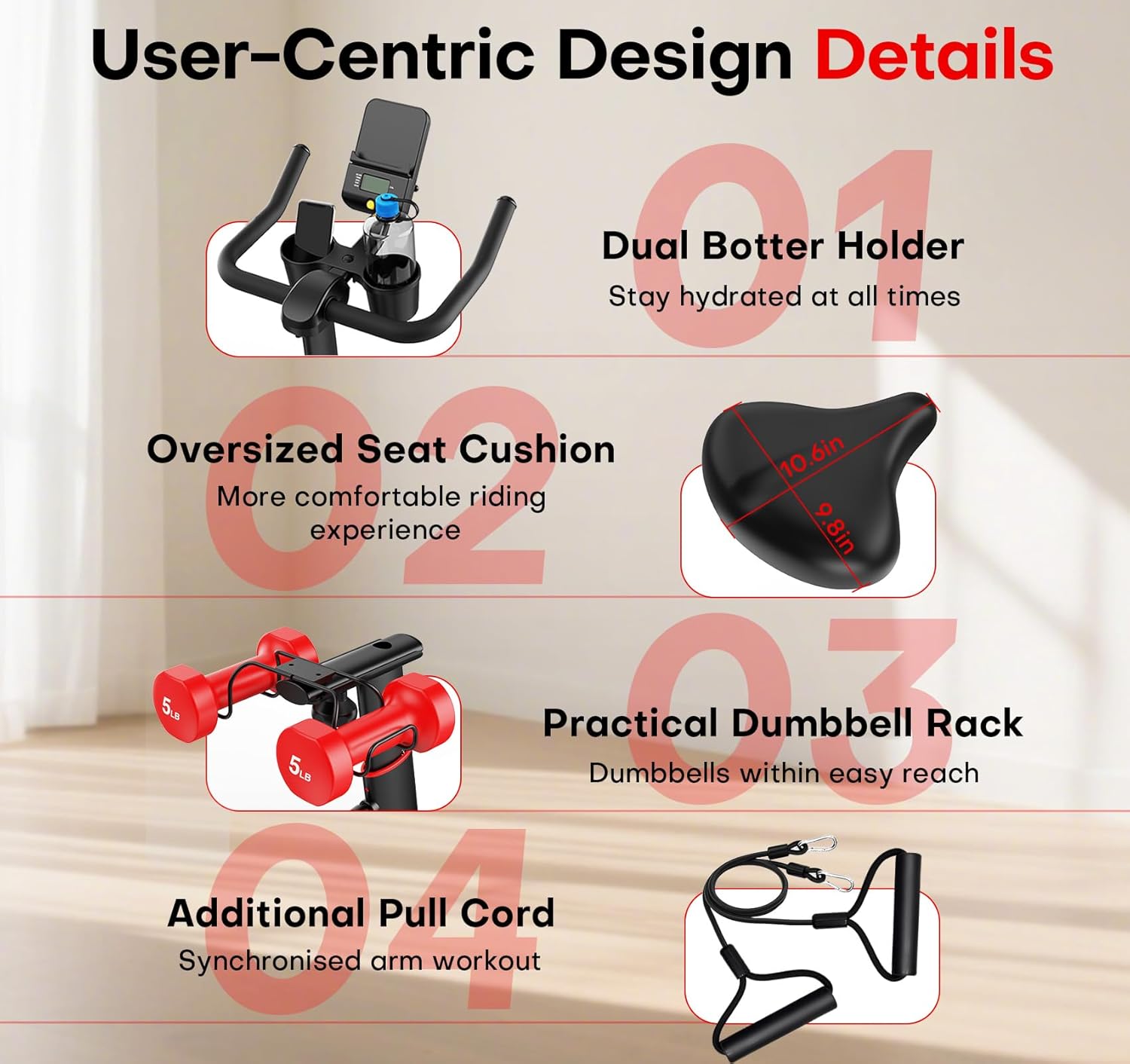 CHAOKE Exercise Bike, Quiet Adjustable Magnetic Stationary Bike for Home Cardio with App Compatible, 350LB Weight Capacity Indoor Cycling Bike with Large Seat, Dumbbell Rack, Pull Cords & LCD Display - Image 8