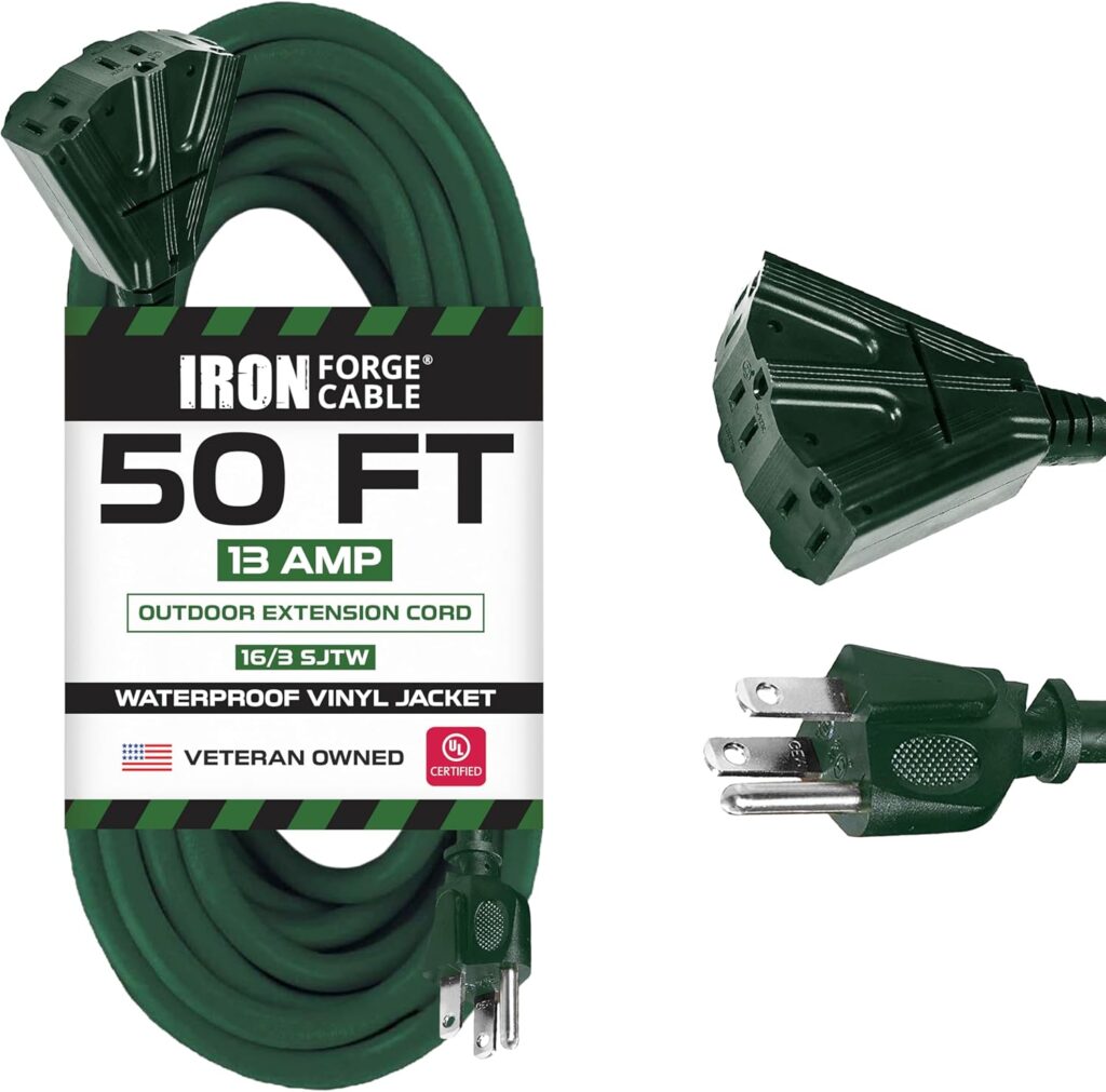 Iron Forge Cable 50ft Green Outdoor Extension Cord with 3 Outlets - 16/3 SJTW 50ft Extension Cord 3 Prong, 13 Amp All-Weather Heavy Duty Power Cable