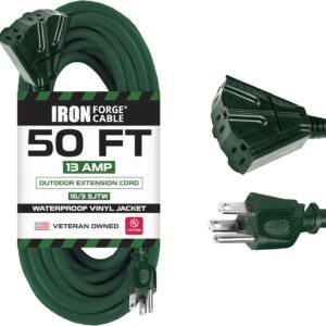 Iron Forge Cable 50ft Green Outdoor Extension Cord with 3 Outlets – 16/3 SJTW 50ft Extension Cord 3 Prong, 13 Amp All-Weather Heavy Duty Power Cable