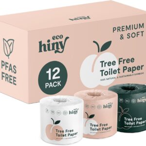 ecoHiny Premium & Soft Bamboo Toilet Paper | PFAS Free | 12 Mega Rolls, 3 ply & 350 Sheets | Non Toxic, FSC Certified, Septic Safe, BPA Free | Tree Free Toilet Tissue | Plastic Free Packaging