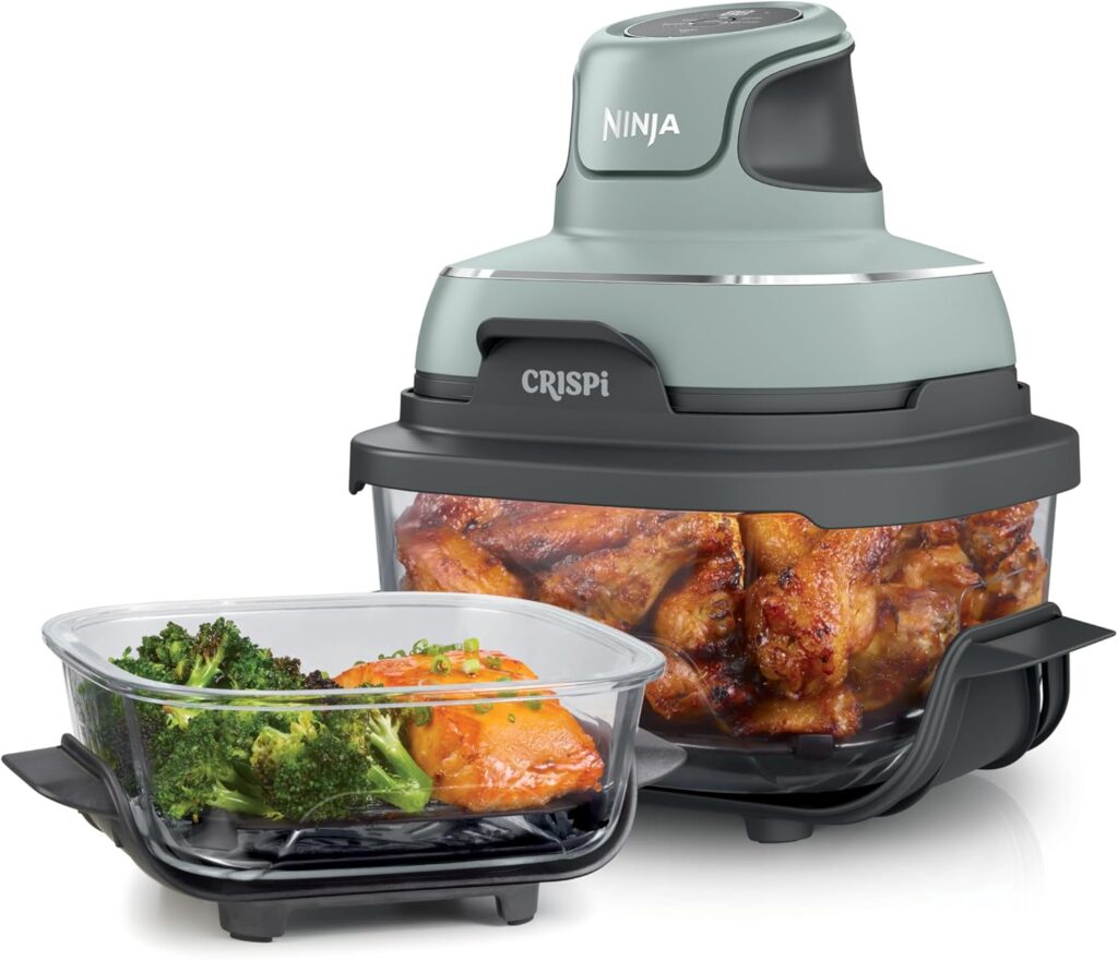 Ninja Crispi Air Fryer, Microwave, Freezer & Dishwasher Safe, Non Toxic Glass Portable Cooking System, 4 QT & 6 Cup Glass Containers with Storage Lids, Easy Meals, Air Fry, Bake, Green, FN101SG