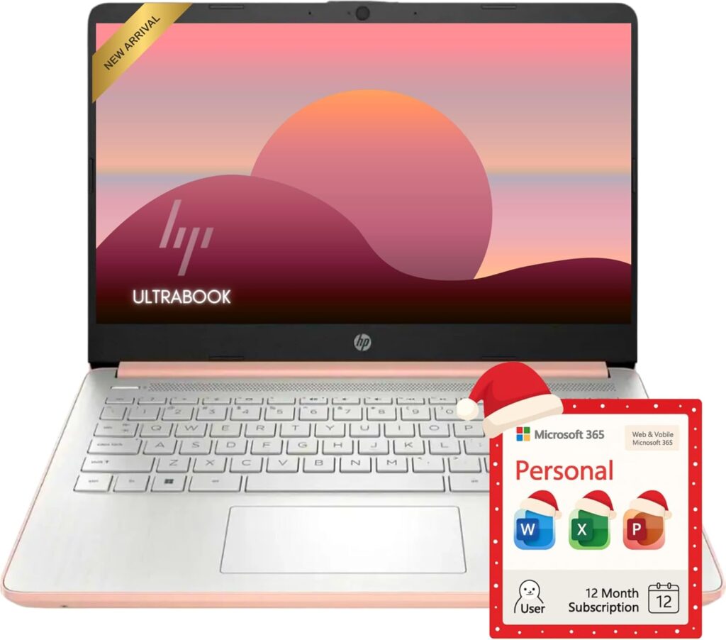 HP Rose Gold Ultrabook 14 Laptop with Office 365, Intel 4-Core CPU, 1.1TB Storage (1TB OneDrive and 64GB Emmc), 8GB RAM, Windows 11, No Mouse