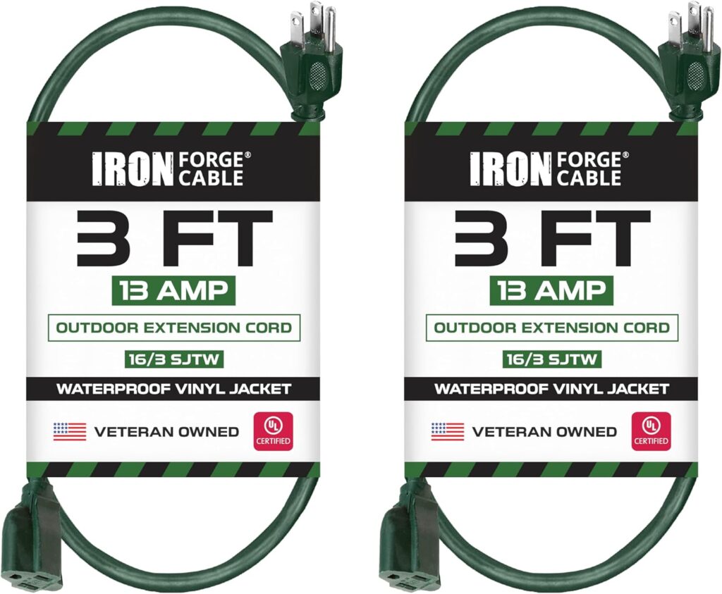Iron Forge Cable 2 Pack Weatherproof 3 Ft Outdoor Extension Cord - 16/3 SJTW Heavy Duty Green Extension Cord 3 Prong - 13 Amp Exterior Power Cable