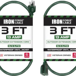 Iron Forge Cable 2 Pack Weatherproof 3 Ft Outdoor Extension Cord – 16/3 SJTW Heavy Duty Green Extension Cord 3 Prong – 13 Amp Exterior Power Cable