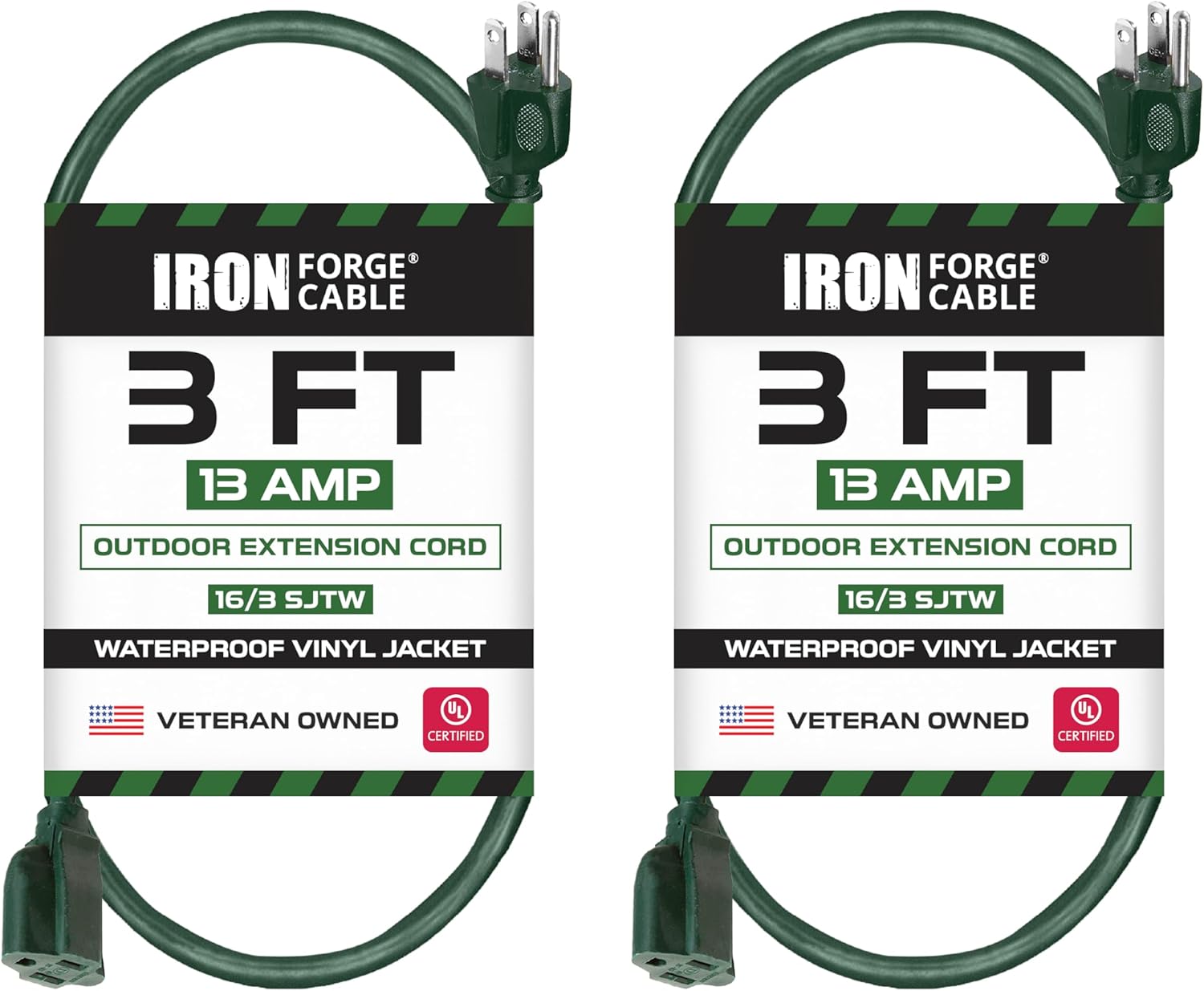 Iron Forge Cable 2 Pack Weatherproof 3 Ft Outdoor Extension Cord - 16/3 SJTW Heavy Duty Green Extension Cord 3 Prong - 13 Amp Exterior Power Cable