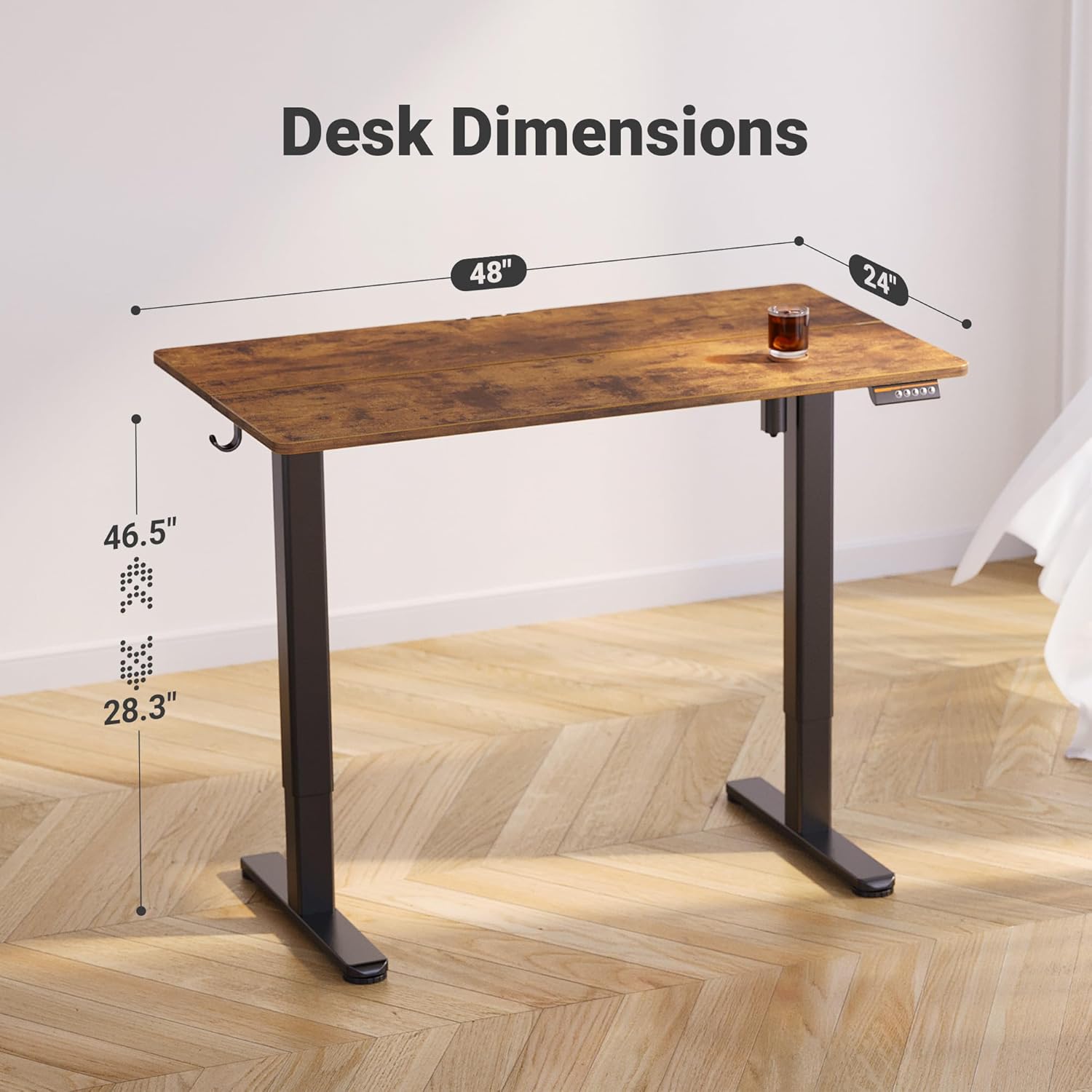 Claiks Electric Standing Desk, Adjustable Height Stand up Desk, 24x48 Inches Sit Stand Home Office Desk with Splice Board, Black Frame/Rustic Brown Top - Image 3