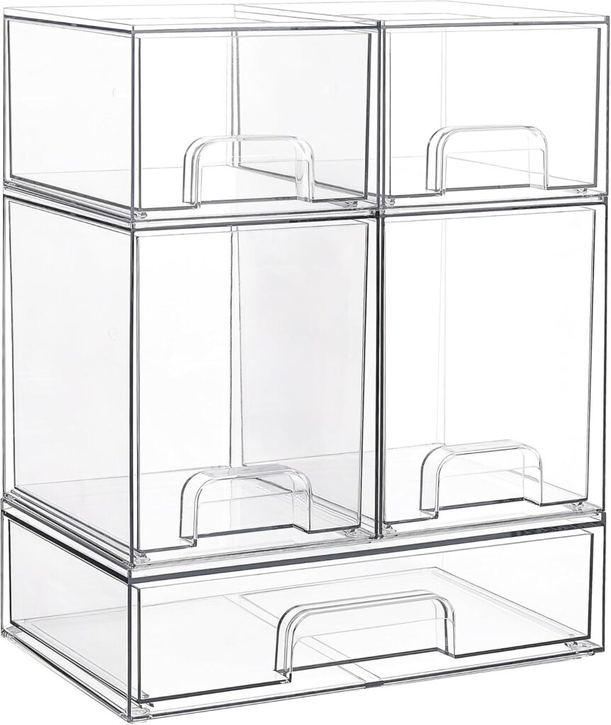 Vtopmart Stackable Storage Drawers Set of 5, Clear Plastic Organizer Bins for Baby Bottle, Beauty Supplies Storage, Ideal for Kichen Countertop, Vanity, Bathroom, Cabinet, Pantry Organization