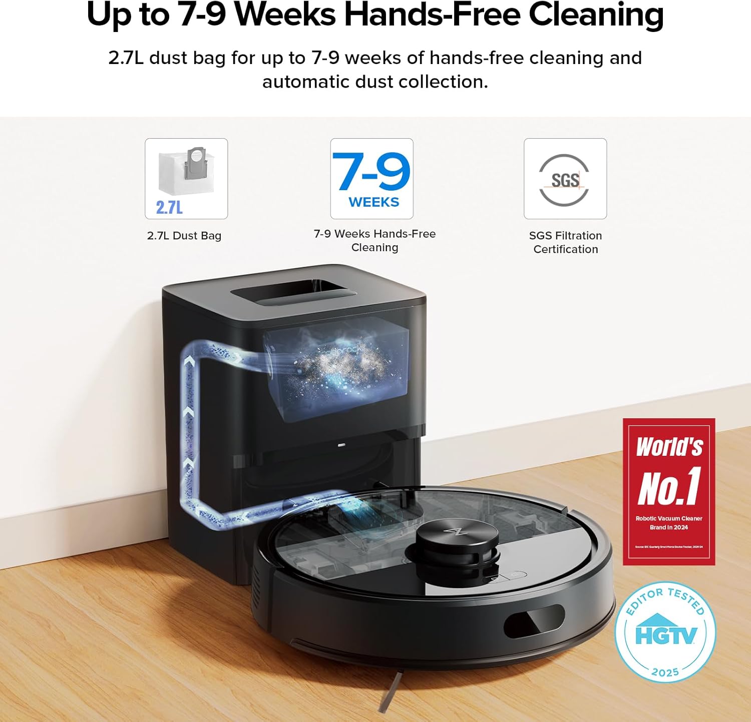 roborock Q7 M5+ Robot Vacuum and Mop, Upgraded from Q5 Max+, Up to 7-9 Weeks Self-Empty, 10000Pa Suction, Dual Anti-Tangle System for Pet Hair & Carpet, PreciSense LiDAR Navigation, App Control, Black - Image 2