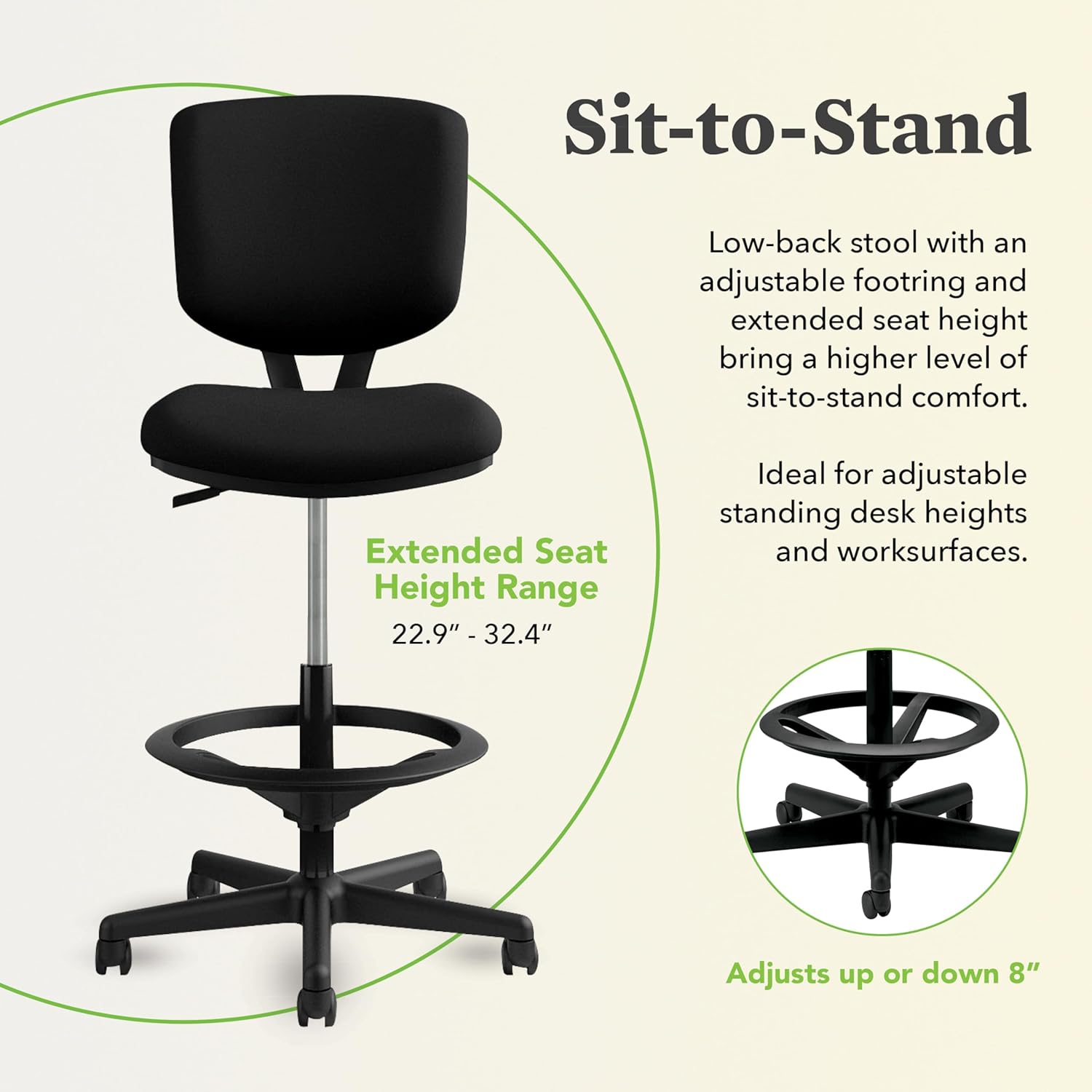 HON Volt Standing Desk Chair, Leather Office Chair with Foot Rest, Armless Drafting Stool, Ergonomic Recline and Center Tilt, for Computers, Offices, Work, Black - Image 6