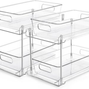 Vtopmart 2 Tier Bathroom Storage Organizer, 2 Pack Clear Under Sink Organizers Vanity Counter Container, Cabinet Drawers Bins, Pull-Out Organization with Track for Pantry, Kitchen