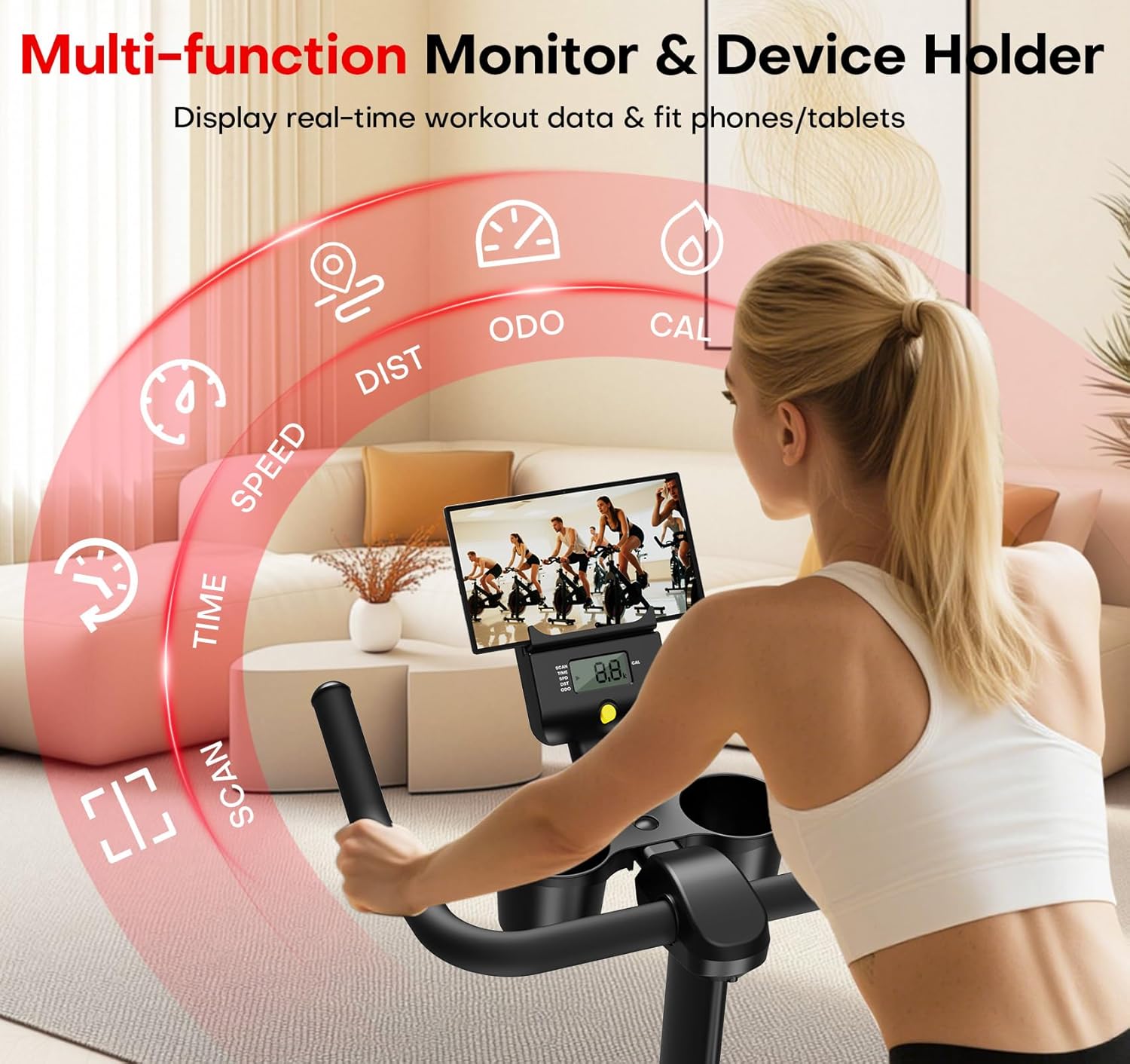 CHAOKE Exercise Bike, Quiet Adjustable Magnetic Stationary Bike for Home Cardio with App Compatible, 350LB Weight Capacity Indoor Cycling Bike with Large Seat, Dumbbell Rack, Pull Cords & LCD Display - Image 7