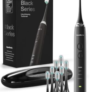 Aquasonic Black Series Ultra Whitening Toothbrush – ADA Accepted Electric Toothbrush- 8 Brush Heads & Travel Case – 40,000 VPM Electric Motor & Wireless Charging – 4 Modes w Smart Timer