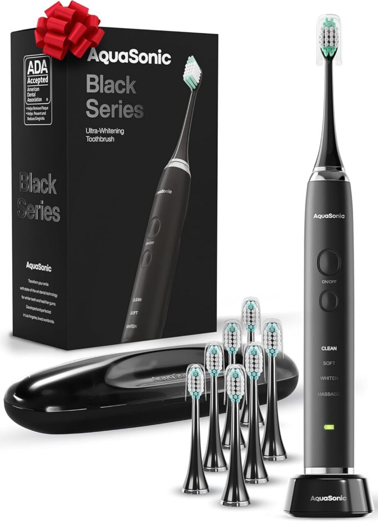 Aquasonic Black Series Ultra Whitening Toothbrush – ADA Accepted Electric Toothbrush- 8 Brush Heads & Travel Case – 40,000 VPM Electric Motor & Wireless Charging - 4 Modes w Smart Timer