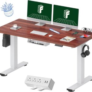 FLEXISPOT EN2 Whole-Piece Standing Desk with Clamp Power Strip, 55 x 28 Electric Stand Up Height Adjustable Desk with Cable Management (White Frame + 55″ Mahogany Top, 2 Packages)