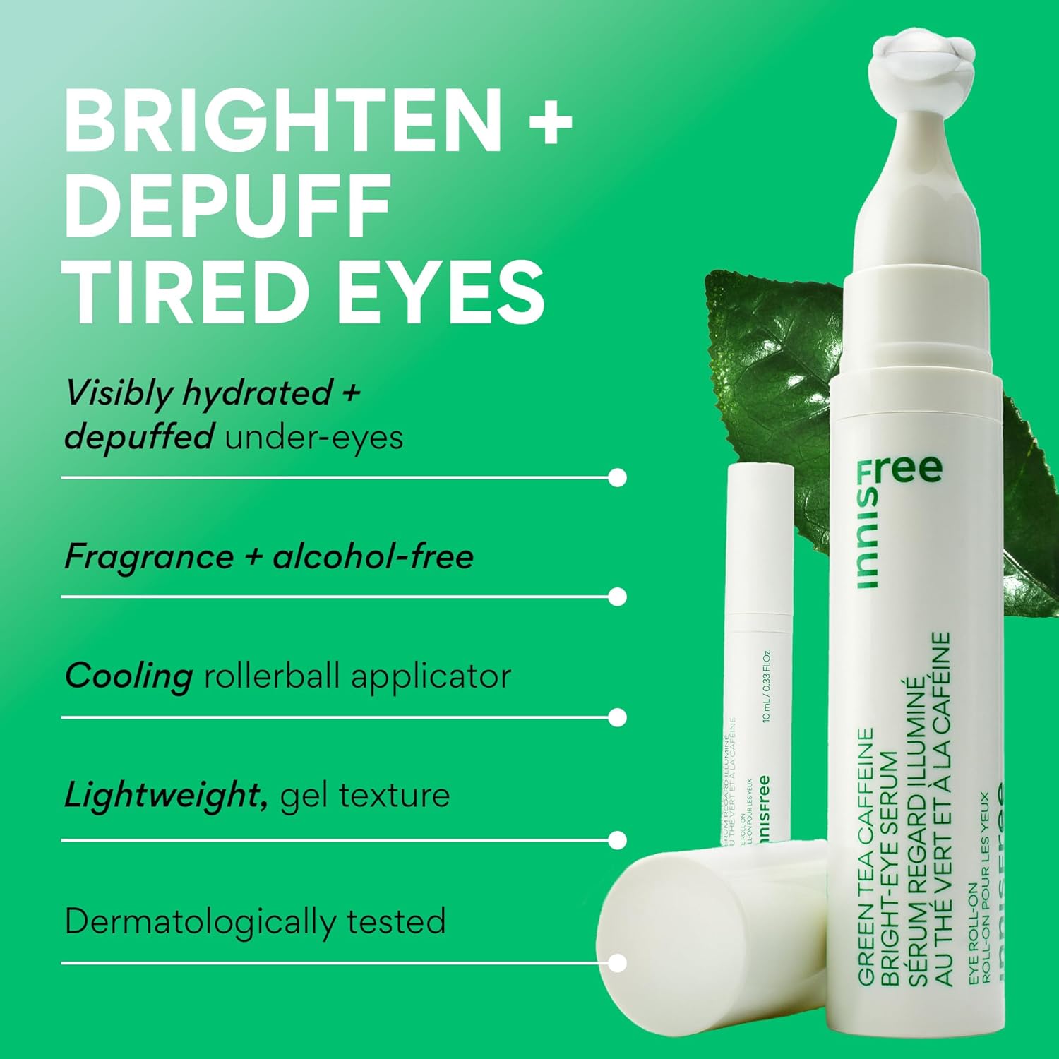 Innisfree Green Tea Caffeine Depuffing Eye Serum with Niacinamide, Cooling Korean Eye Roll-On for Hydration and Brightening - Image 2
