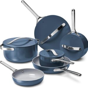 Caraway Deluxe Non-stick Ceramic Cookware Set (16 Piece) Pots, Frying Pans, Lids and Kitchen Storage – PFAS & PFOA Free – Oven Safe Pan Set & Compatible with All Stovetops – Navy
