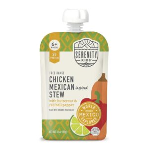 Serenity Kids 6+ Months Mexican Chicken Baby Food Pouch – 3.5 oz, Pack of 6 – Protein-Packed Flavored Meat Pouch – Savory Chicken Mexican Stew Flavor – BPA-Free Organic Baby Food