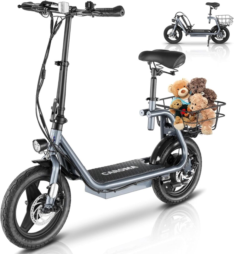 Caroma Electric Scooter with Seat for Adults, Max 30Miles Ranges&20Mph, 500/800/1200W Motor, 14" Fat Tire Foldable Commuter E-Scooter with Basket for Pets & Cargo, 300lbs Max Load