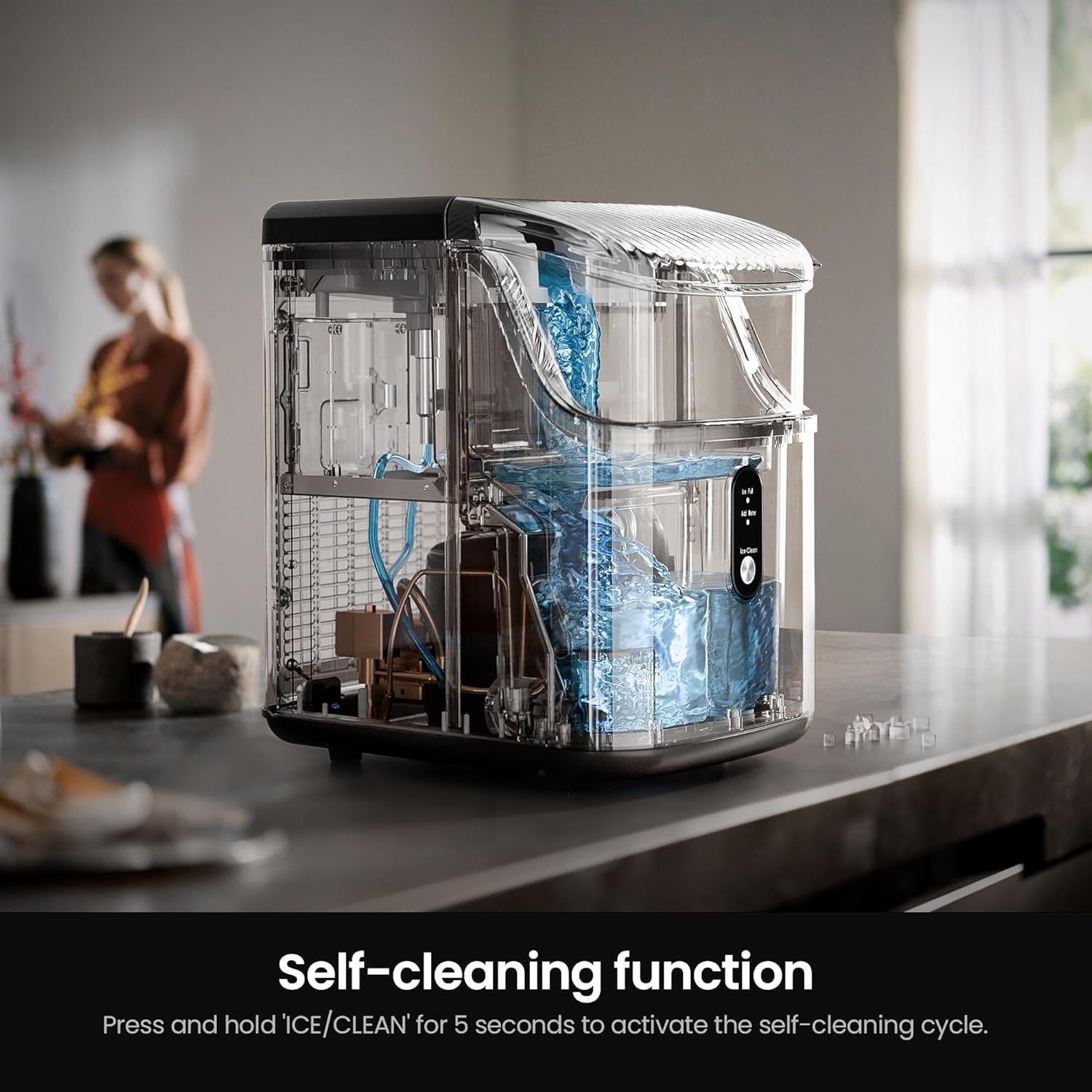 Kismile Nugget Ice Makers Countertop,Portable Ice Machine with Crushed Ice, 35lbs/Day,Self-Cleaning,One-Click Operation for Home Use(Silver) - Image 4