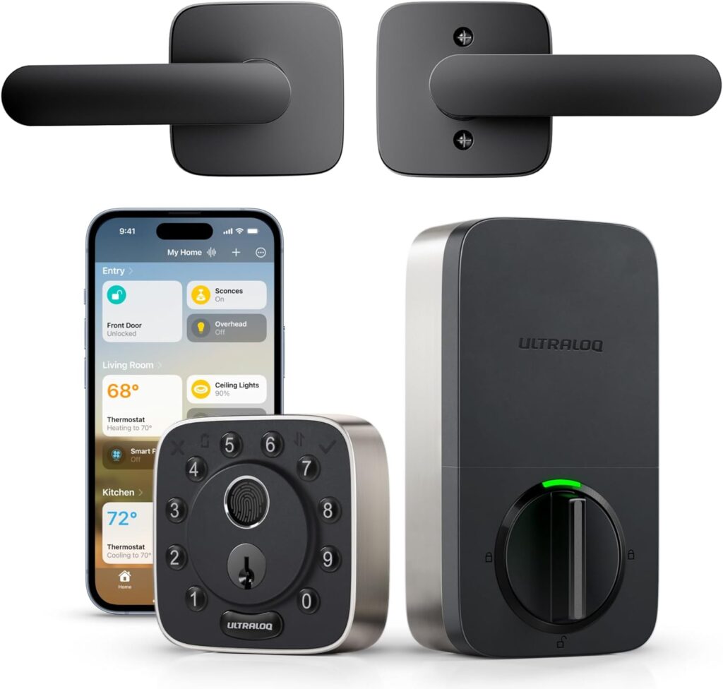 ULTRALOQ Bolt Fingerprint Smart Lock with Handle Set, Works with Apple Home, Keyless Entry Front Door Lock Set, Built-in WiFi Deadbolt with Door Sensor, App Remote Control, Auto Unlock, BHMA Certified