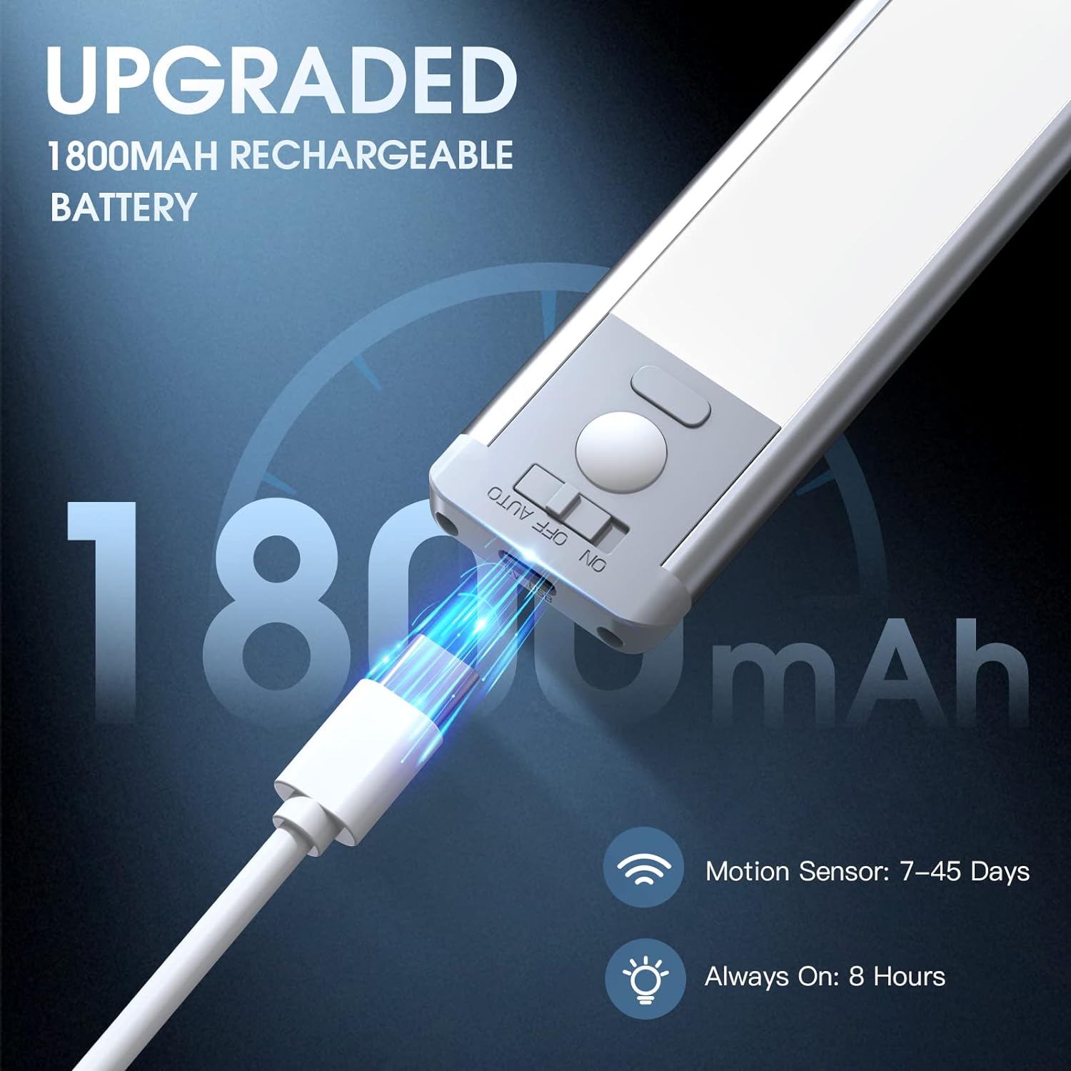 10inch Under Cabinet Lighting, 2 Pack Rechargeable Motion Sensor Light Indoor, 5 Levels Dimmable Magnetic Closet Lights, Wireless Under Counter Lights for Kitchen, Stairs - Image 5