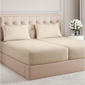 Split King Size 5 Piece Sheet Set – Comfy Breathable & Cooling Bed Sheets Set – Hotel Luxury Bedding for Women, Men, Kids, Teens, Boys & Girls – Deep Pockets, Soft and Wrinkle Free – Oeko-Tex – Wheat