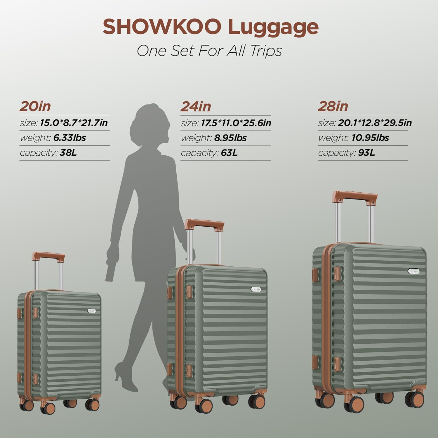 SHOWKOO Luggage Sets 3 Piece Hardside Expandable Suitcase with Double Spinner Wheels Tsa Lock Green (20in/24in/28in) - Image 9