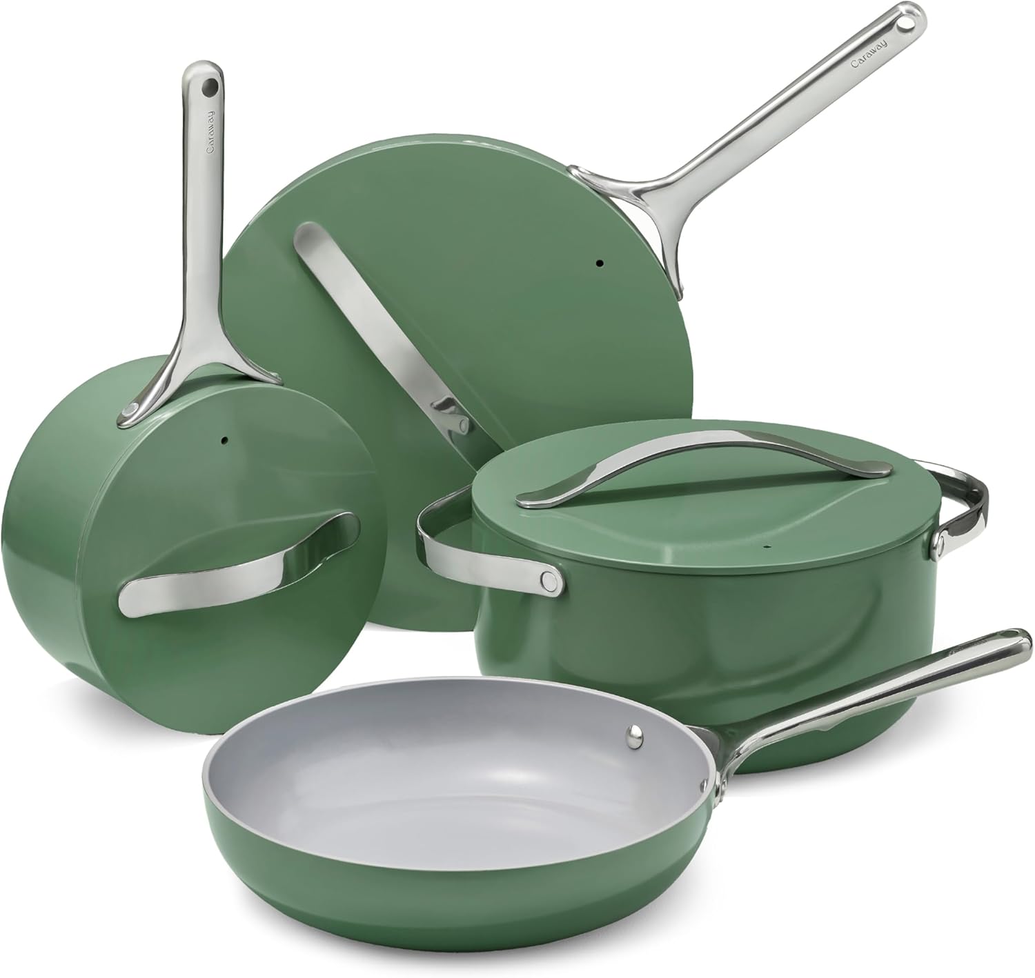 Caraway Non-stick Ceramic Cookware Set (12 Piece) Pots, Pans, Lids and Kitchen Storage - PFAS & PFOA Free - Oven Safe Pan Set & Compatible with All Stovetops - Sage